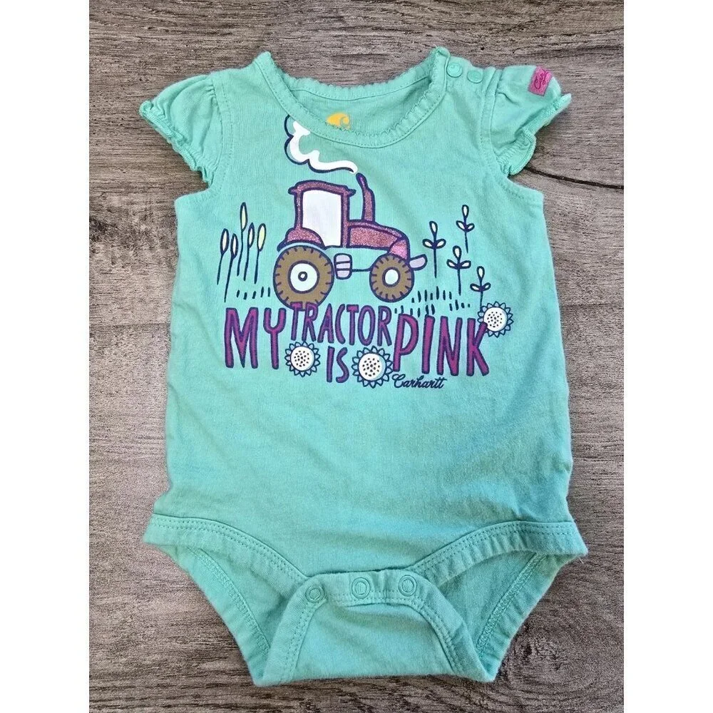 Carhartt Baby Girl Size 3 Month Short Sleeve Bodysuit My Tractor Is Pink Farm